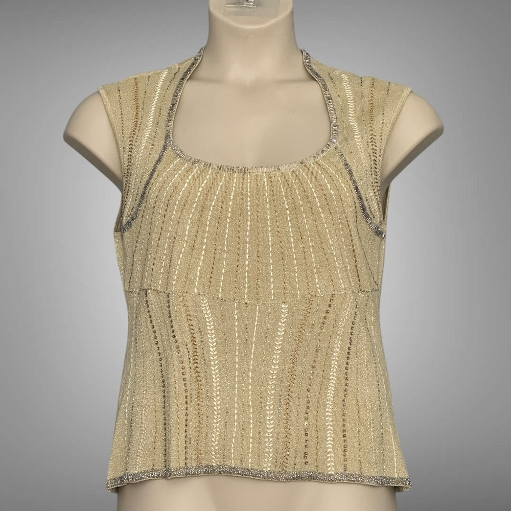 VTG Womens Sweater 18 Champagne Gold Sparkle Beaded Holiday Fairy Whimsical Y2K